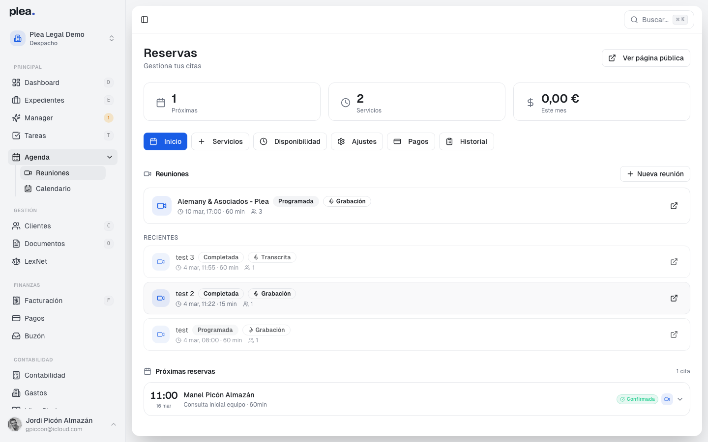 Vista principal del panel de reservas