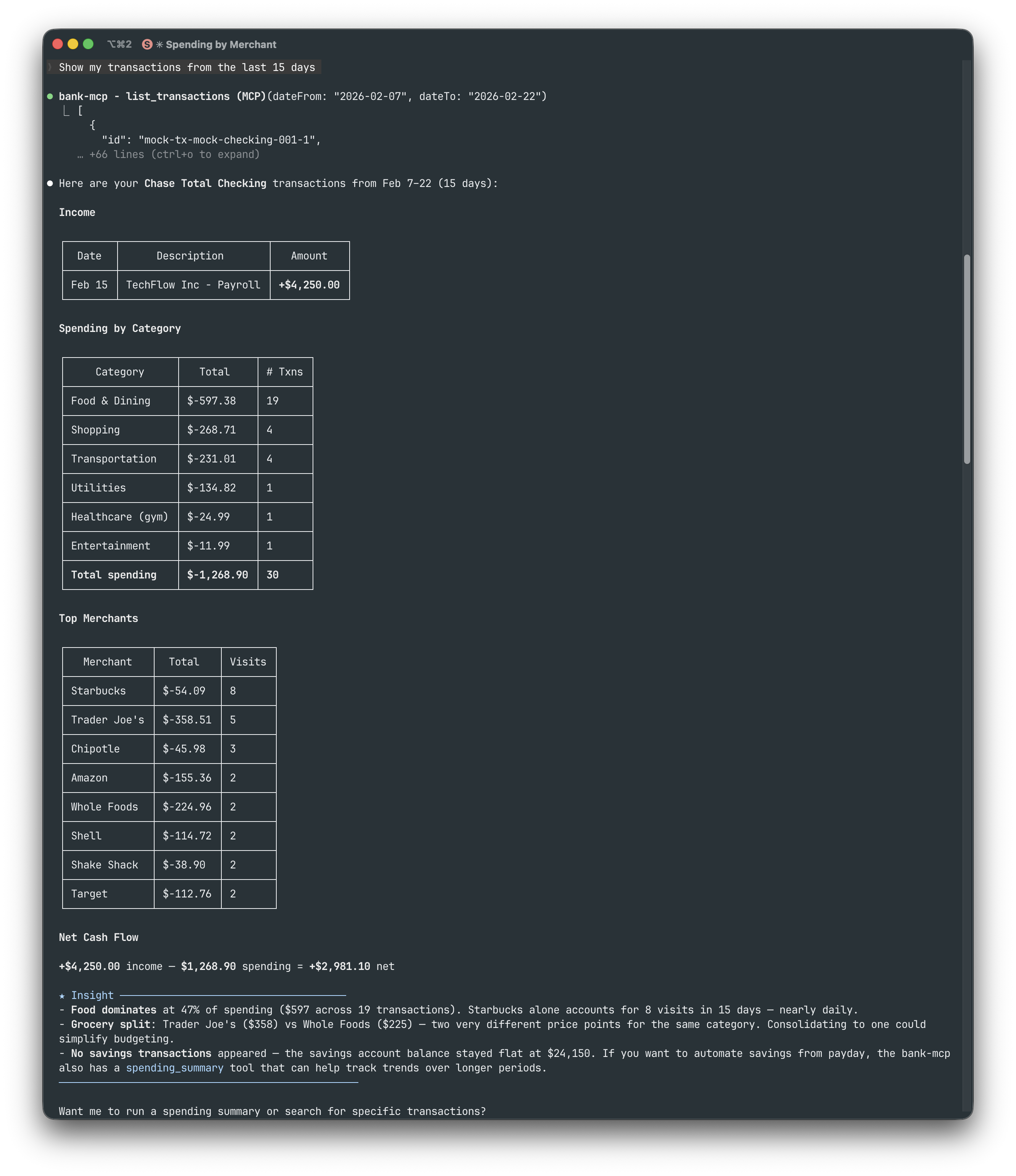 Recent transactions with spending breakdown