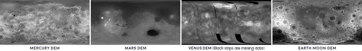DEM files for Mercury, Mars, Venus, and the Moon