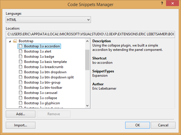 The "Code Snippets Manager" dialog