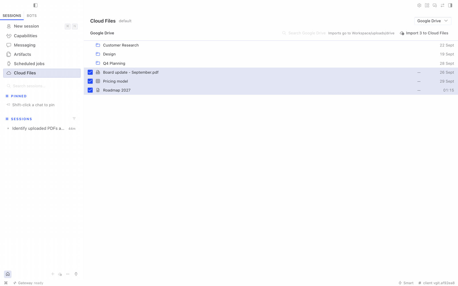 Google Drive as a source on the Cloud Files page