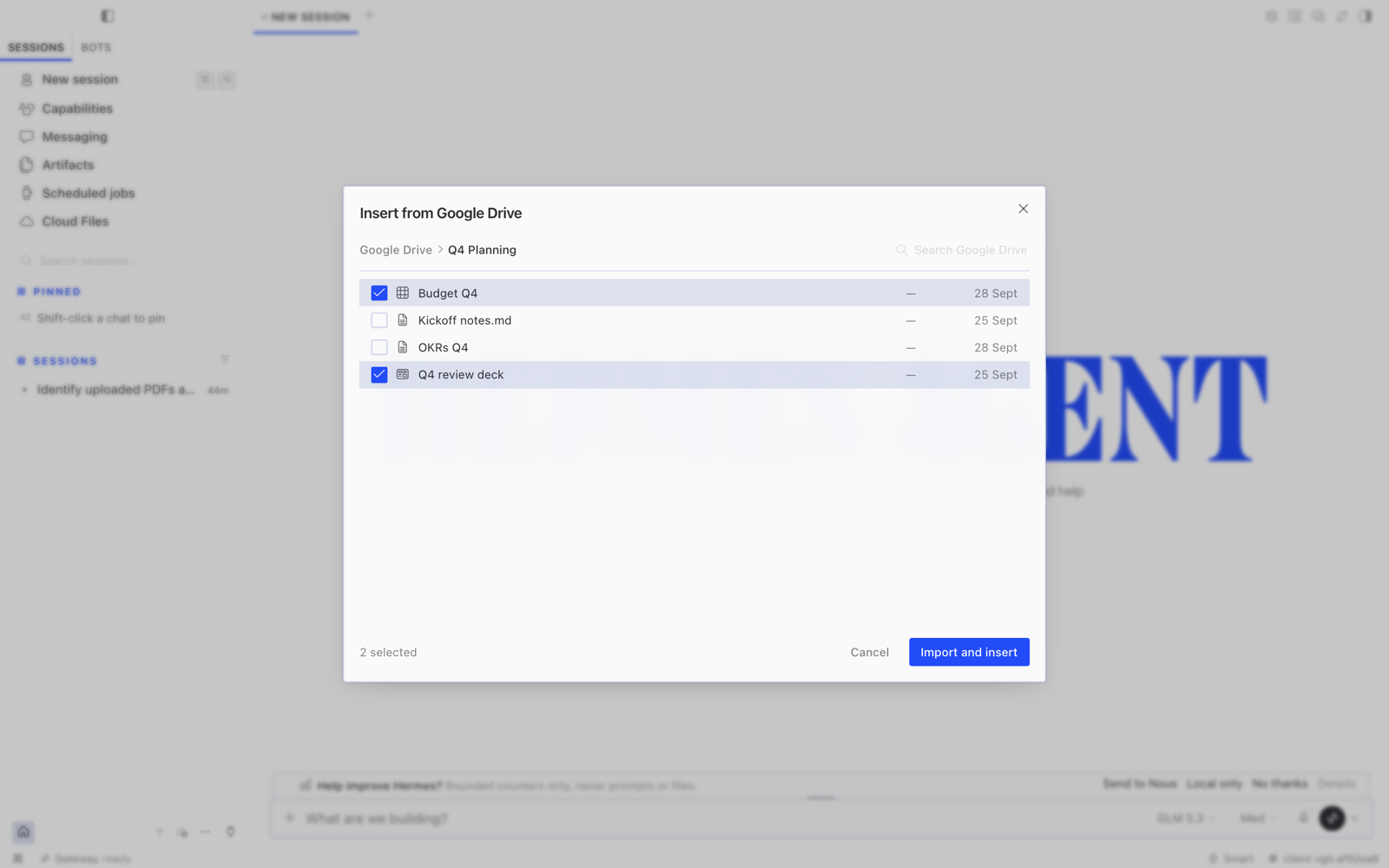 + → Google Drive imports and inserts
