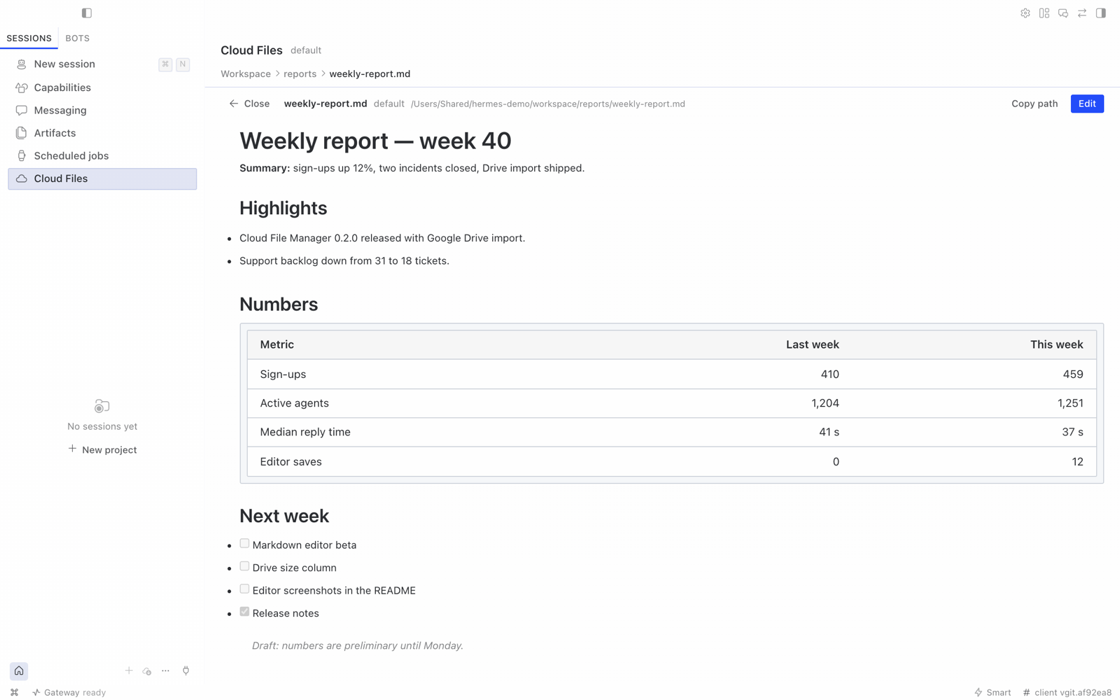 A report open in the rendered view