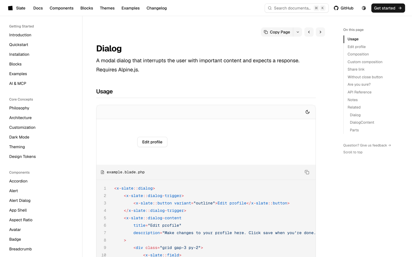 Slate dialog component