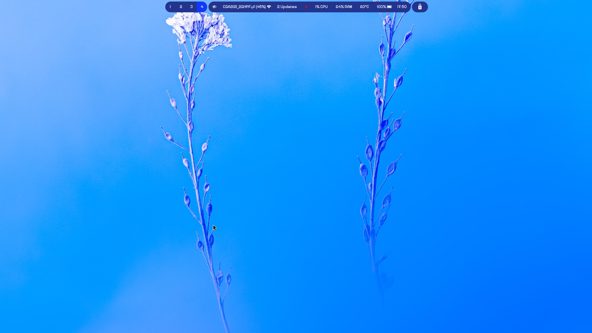 Screenshot: empty workspace, a blue background with a white flower, only waybar sitting on top