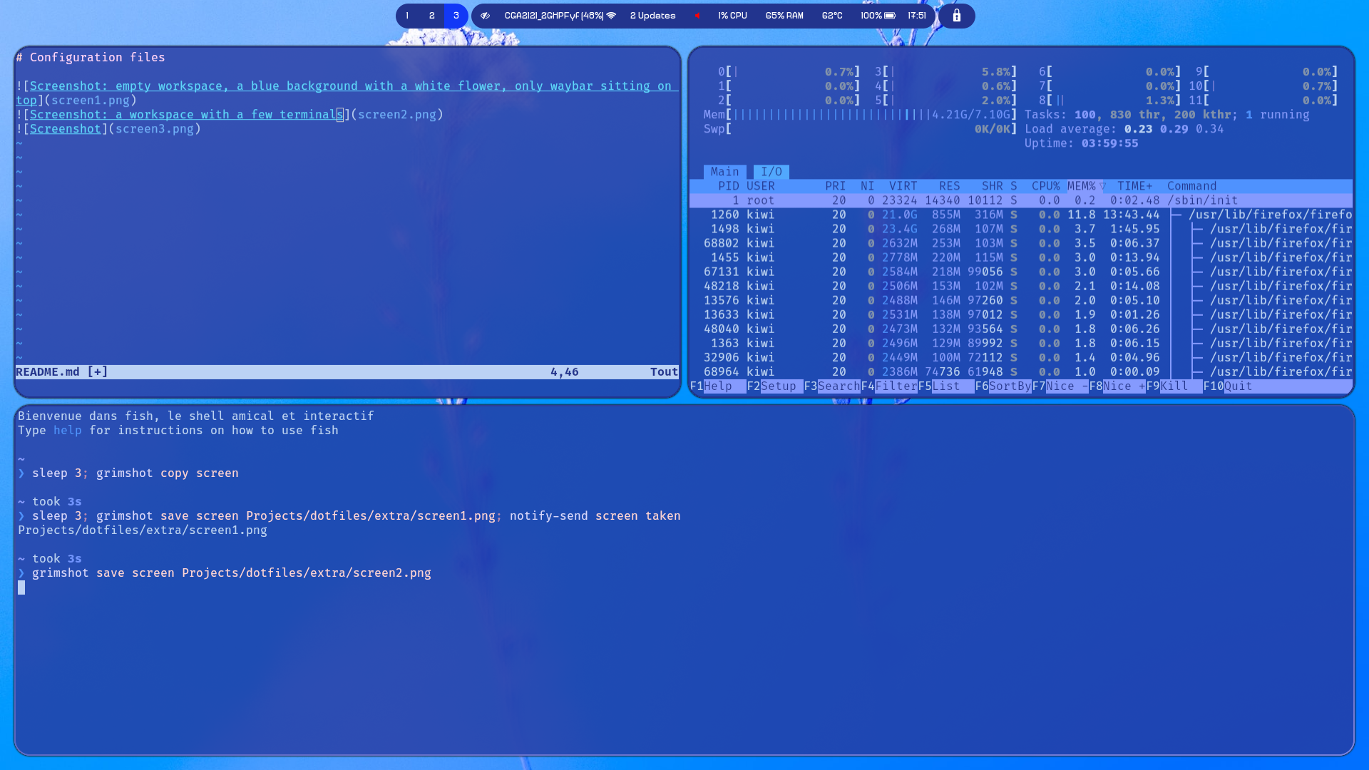 Screenshot: a workspace with a few tiled terminals