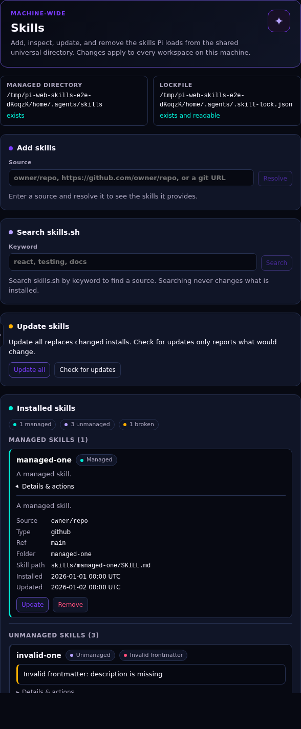 The Skills panel: machine-wide paths, Add and Search cards, Update all and Check for updates, and an expanded skill row showing metadata and actions