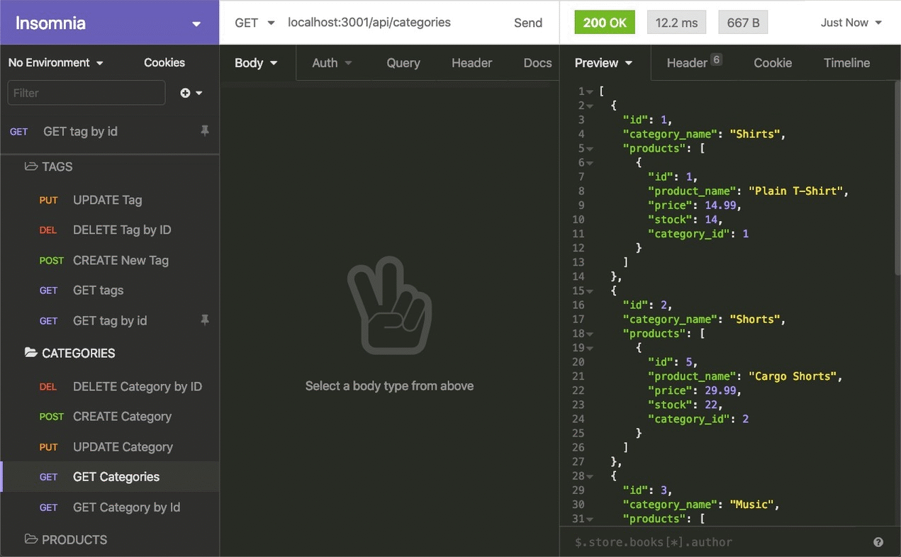 In Insomnia, the user tests “GET tags,” “GET Categories,” and “GET All Products.”.