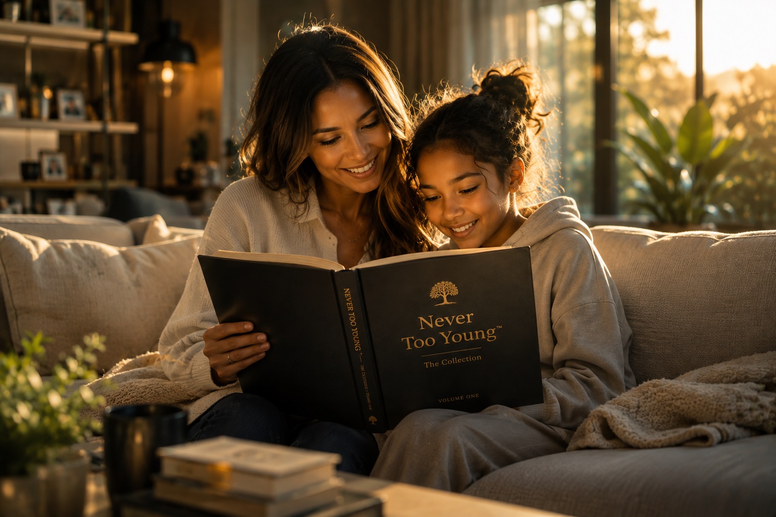 Parent and child reading the Never Too Young™ collection together