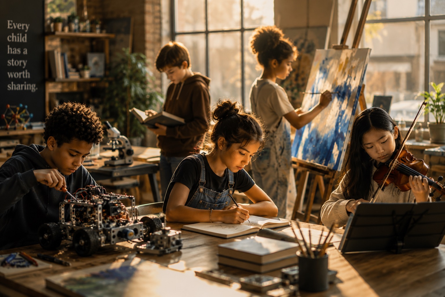 Young people engaged in creative activities — athletics, music, art and invention