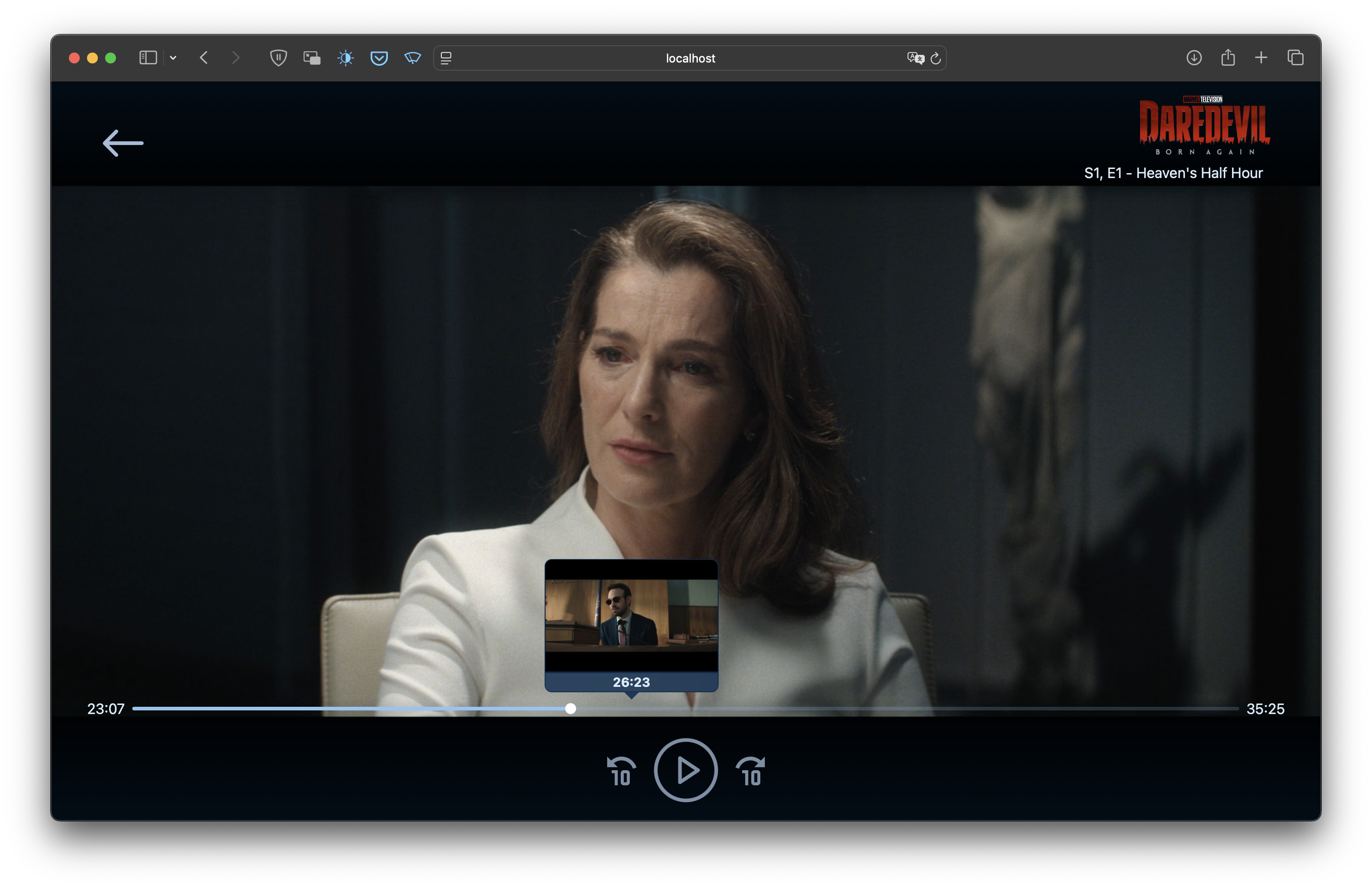 Video player with user hovering over progress showing seek thumbnail