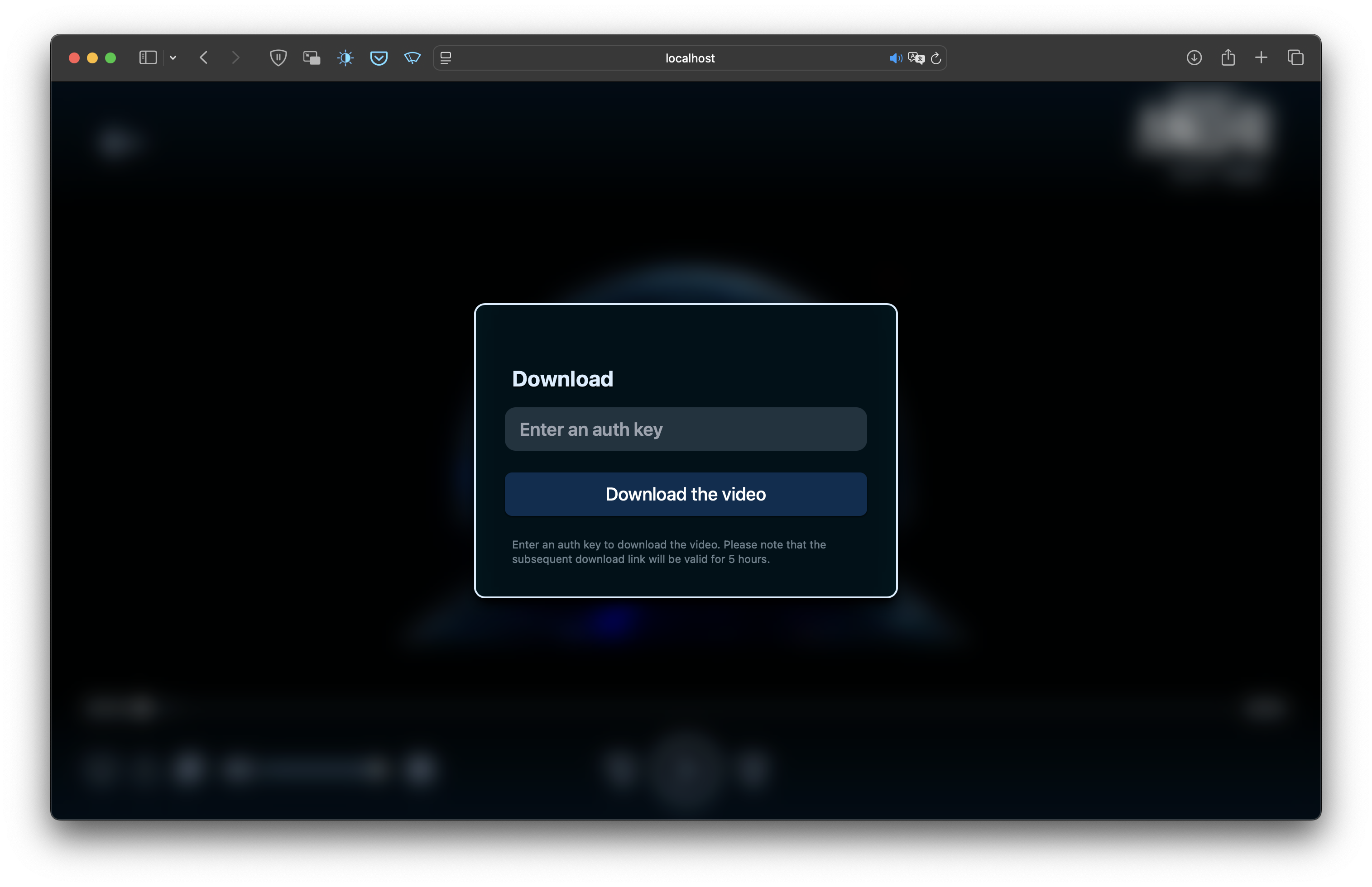 Video player with download dialog open, requesting auth key for download