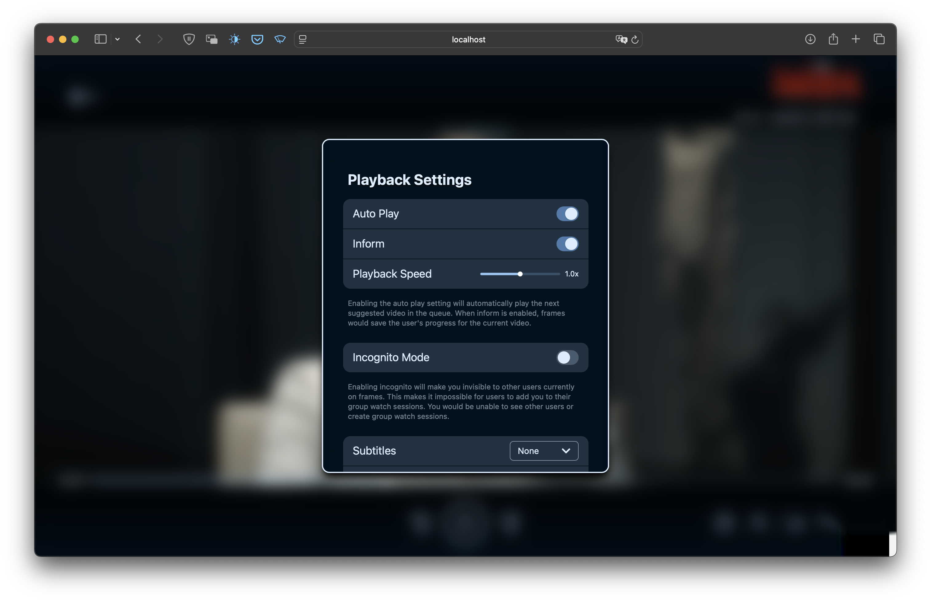 Video player with Settings open
