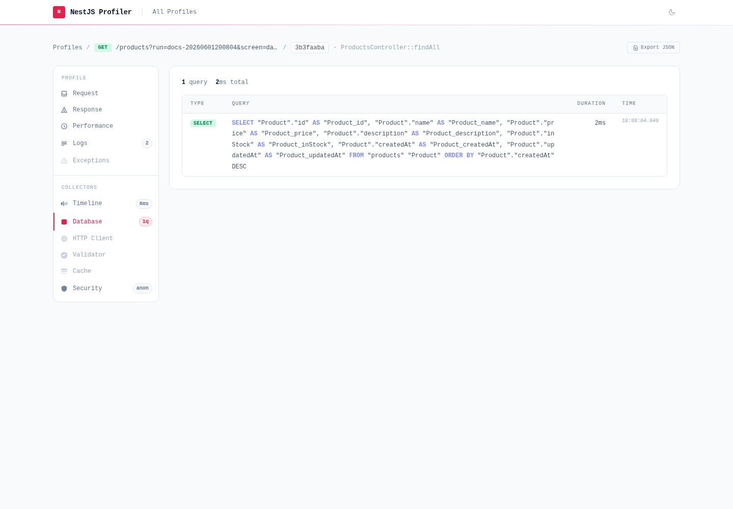 Database panel — TypeORM SQL queries with type badge, duration bar and slow-query highlighting