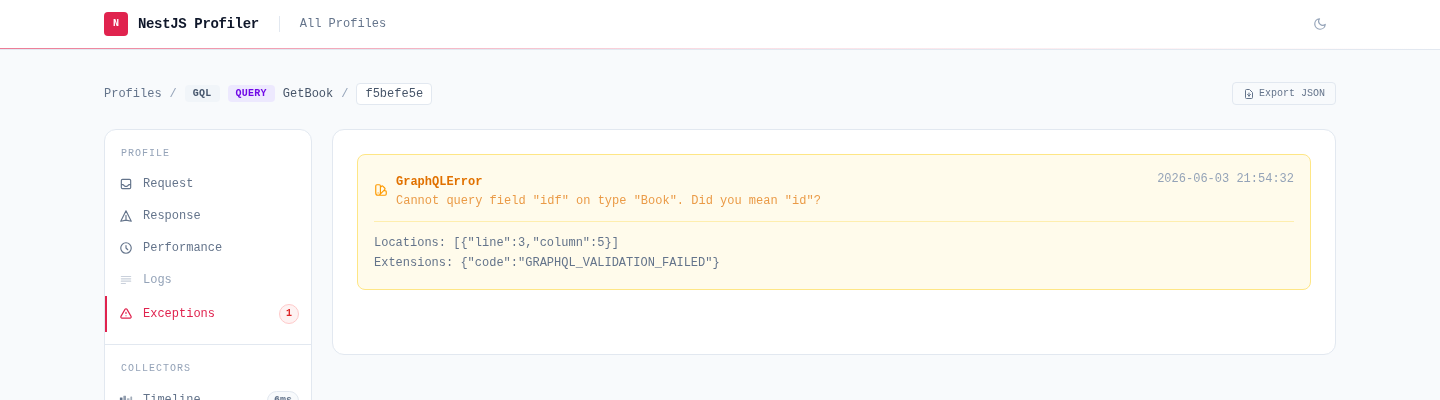Exceptions tab showing an amber GraphQLError badge with validation error message and location