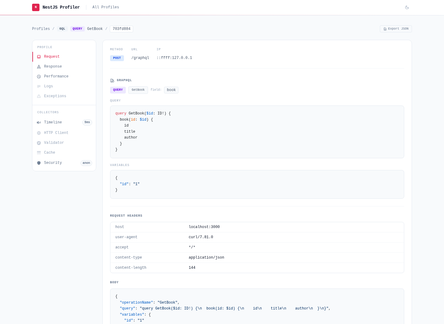 Request tab showing the GraphQL section with operation type, operation name, syntax-highlighted query and variables
