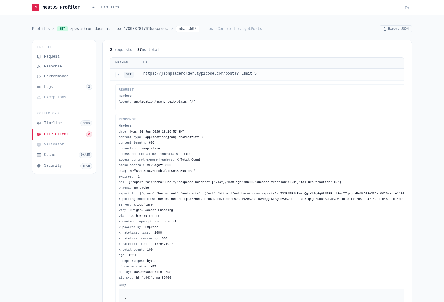 HTTP Client panel — outgoing requests via HttpService with method, URL, status and duration