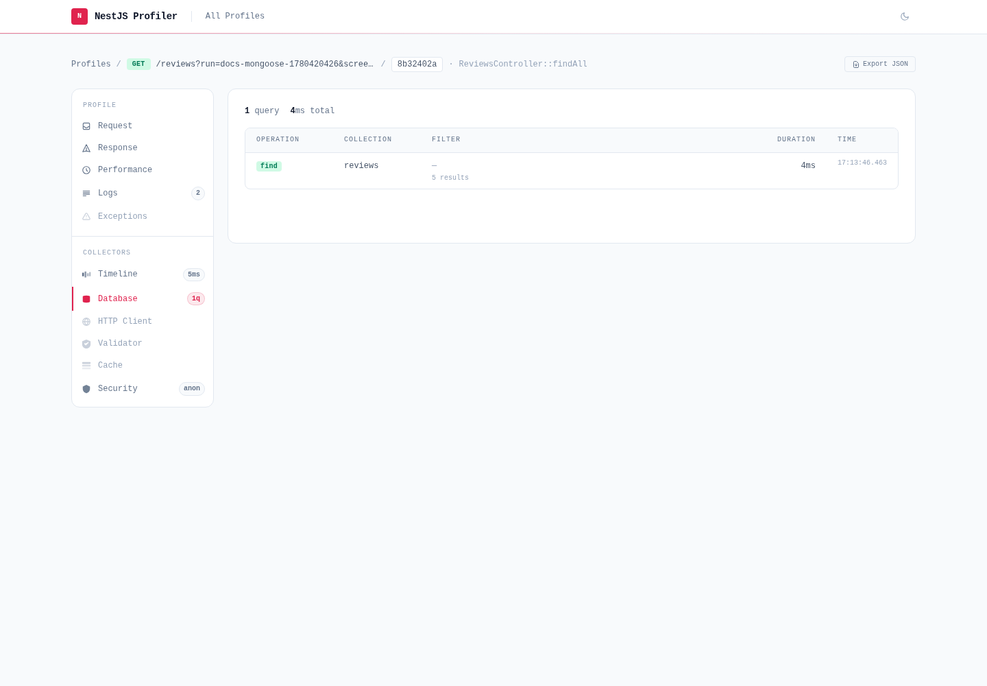 MongoDB panel — Mongoose queries and aggregations with operation badge, collection, duration and result count