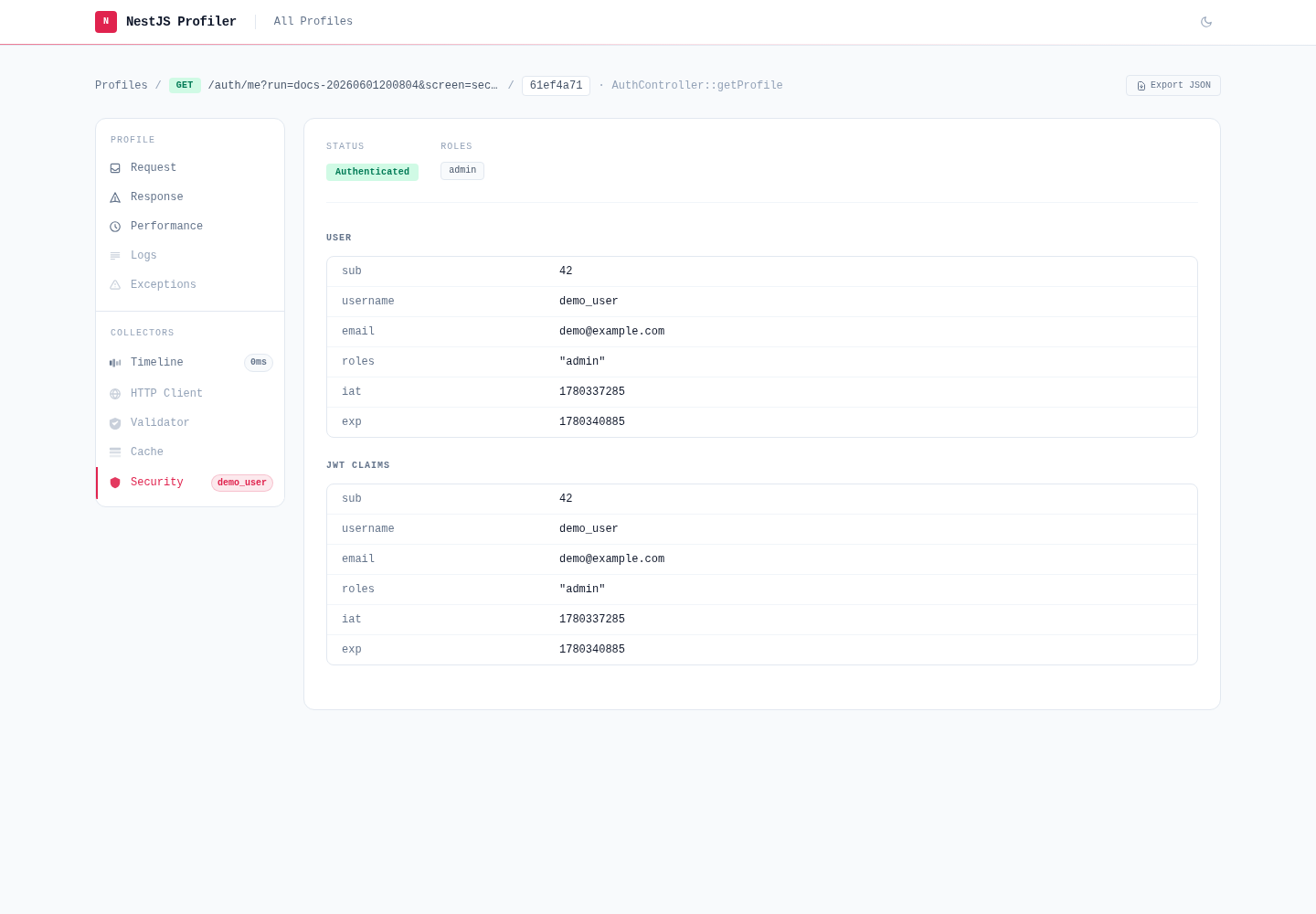 Security panel — authenticated user, roles and decoded JWT claims with sensitive fields masked