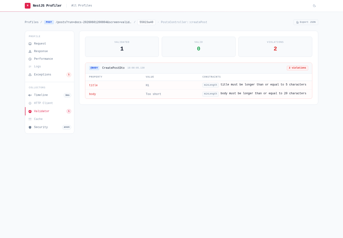 Validator panel — DTO validation results with per-property constraint violations