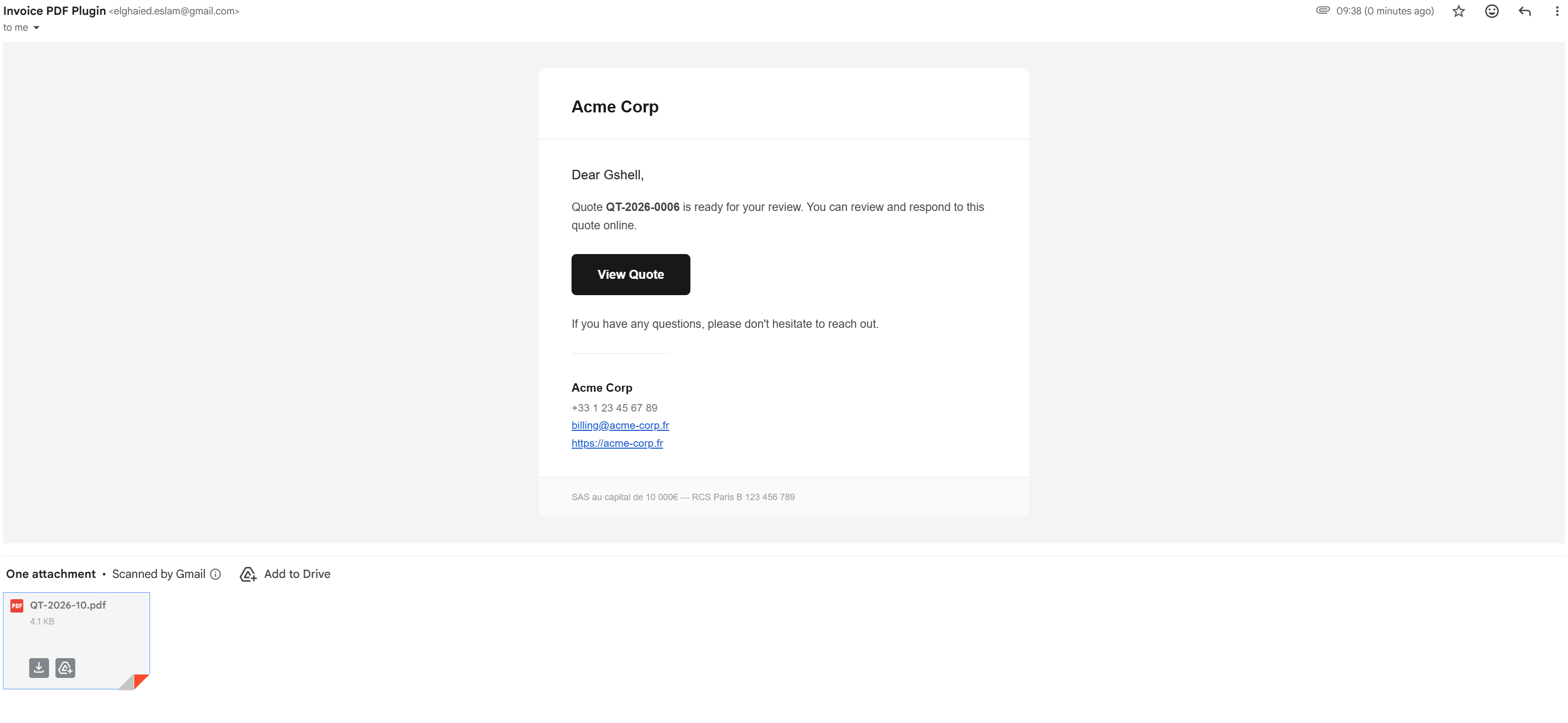 Professional email received by client with View Quote button and PDF attachment