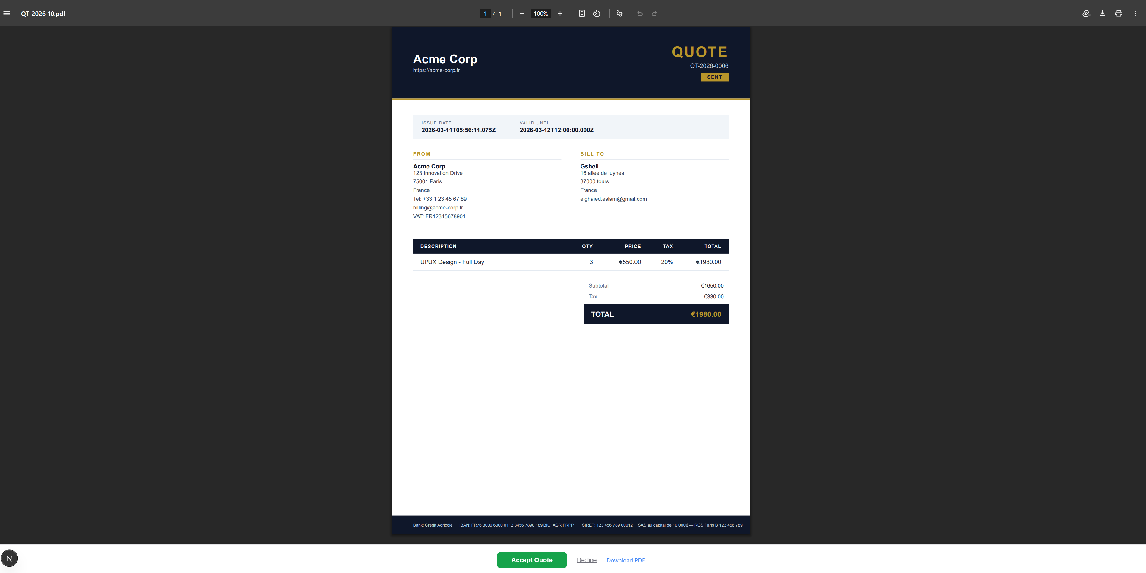 Client-facing quote page with Accept and Decline buttons