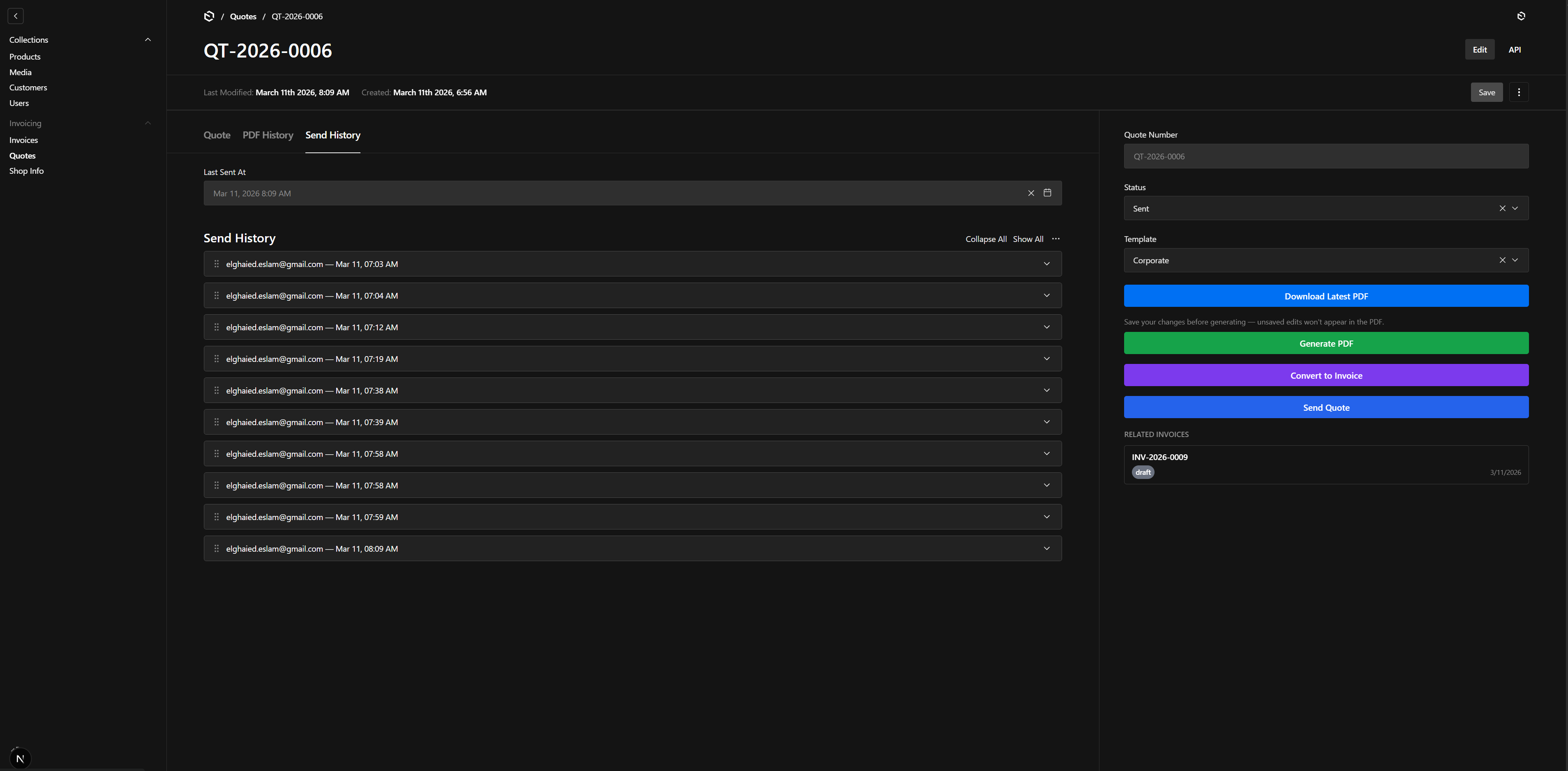 Send history tab showing all emails sent for a document