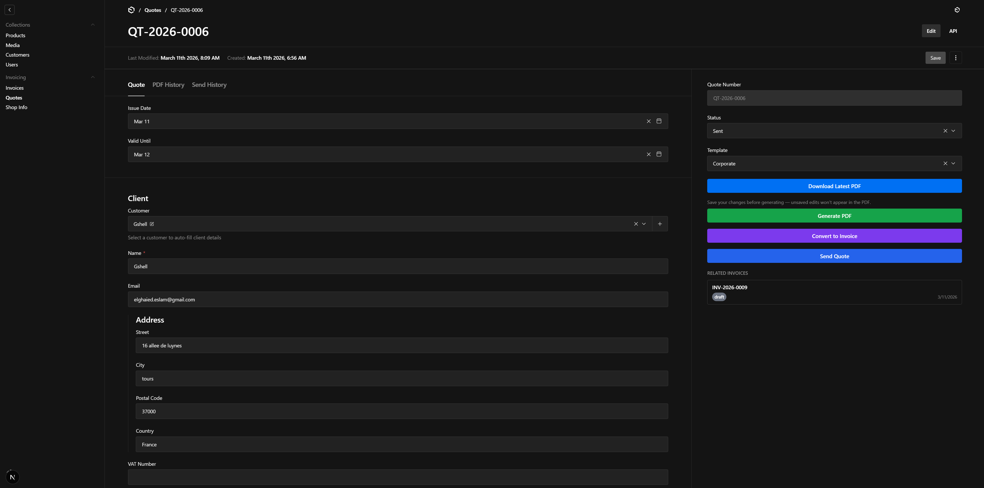Quote document view with client details, actions sidebar, and related invoices
