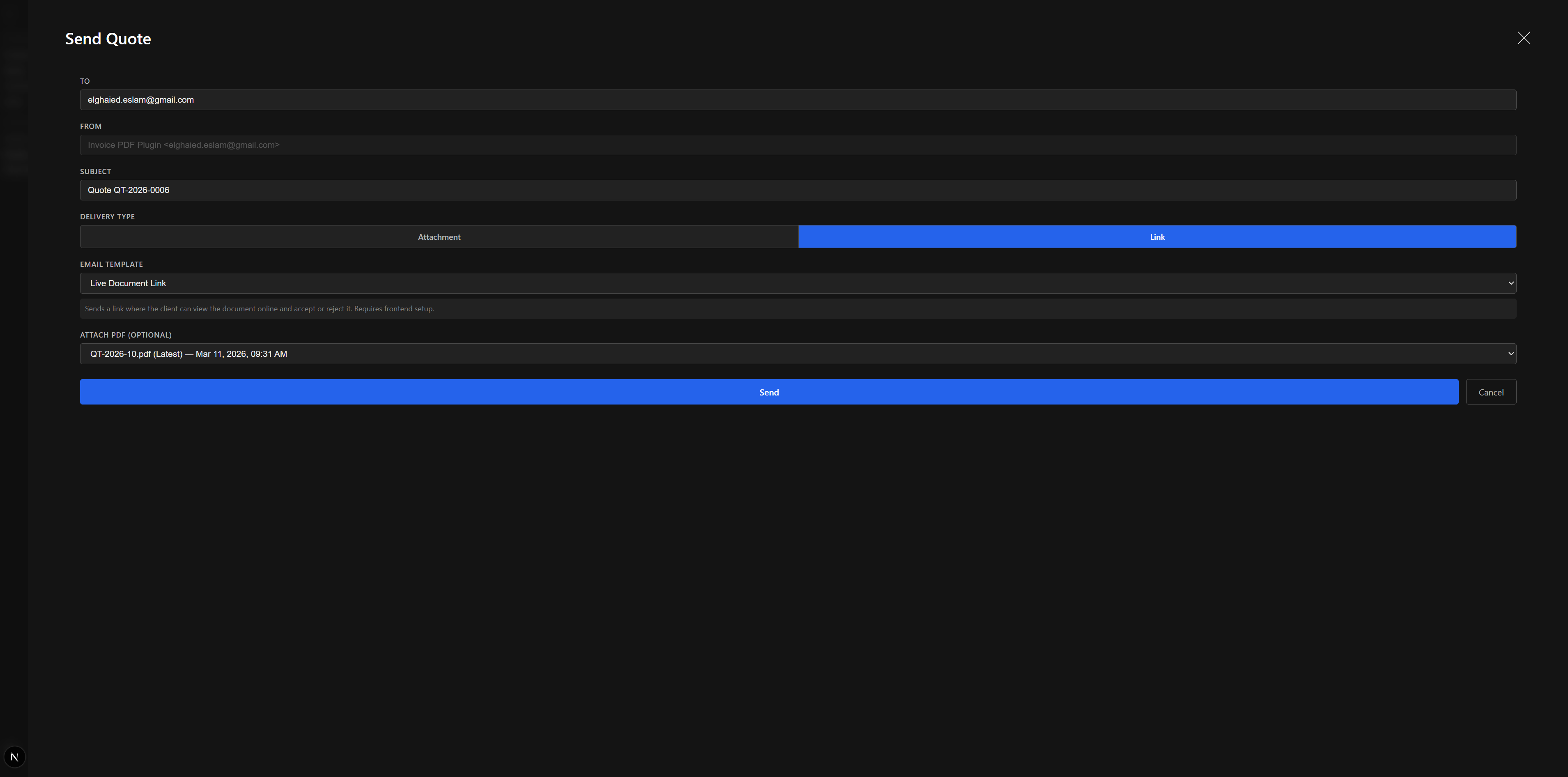 Email composer with delivery type toggle, template selection, and PDF attachment