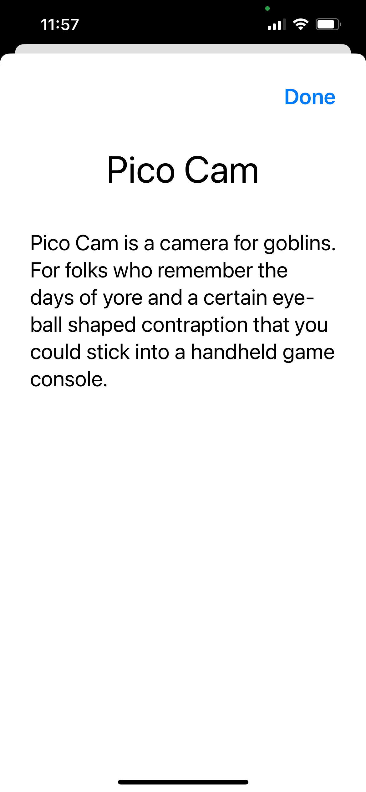 A screenshot of pico cam's info screen with some text.