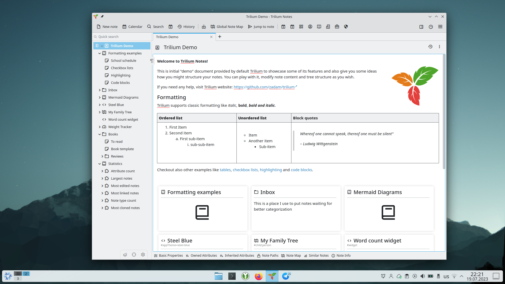 Screenshot of Trilium Notes with Breeze Light