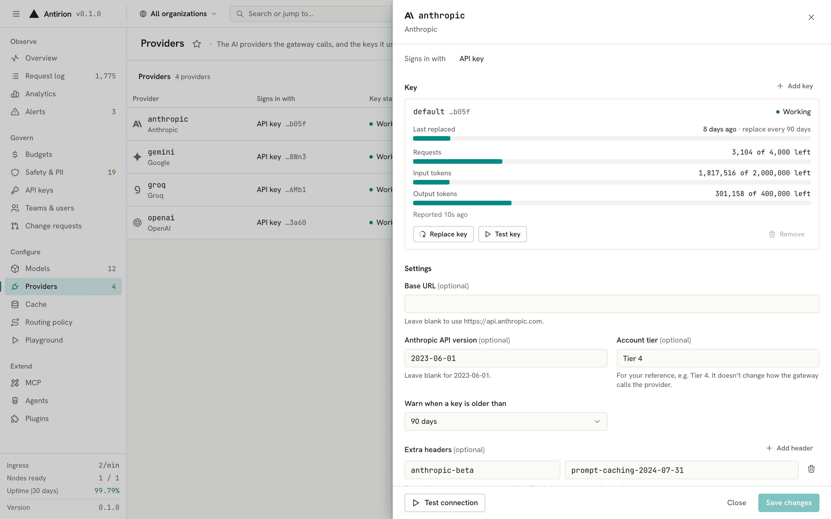 Providers list with the drawer open on Anthropic: its key, rate-limit headroom and settings