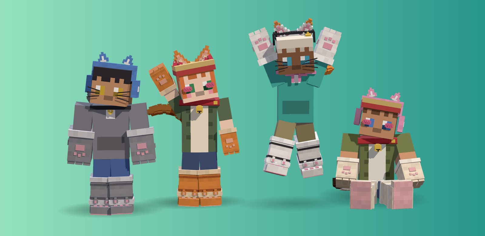 Four characters in full outfits