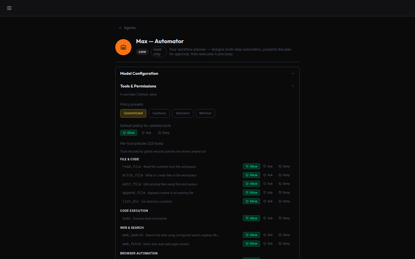 Per-agent tool policy