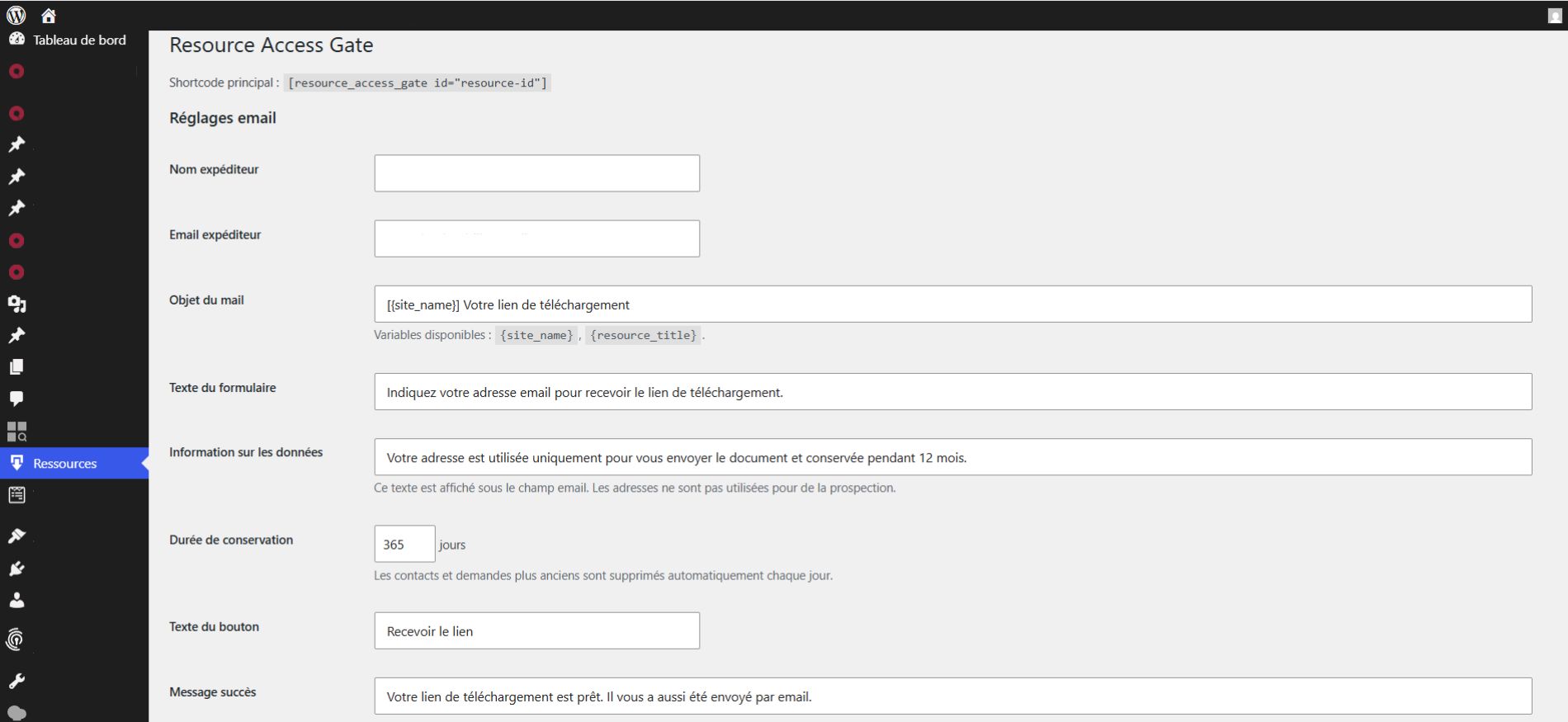 Resource Access Gate email and data-retention settings in WordPress