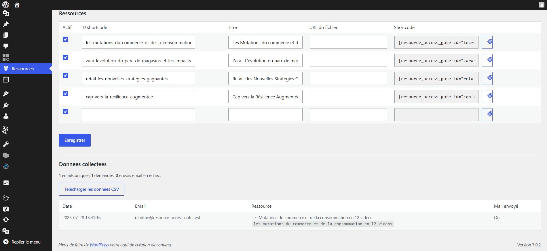 Resource management and request log in the WordPress admin area