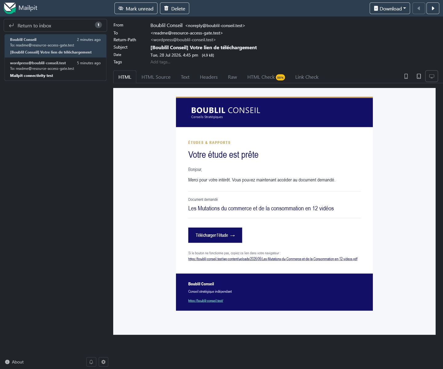 Branded HTML email received and rendered in Mailpit