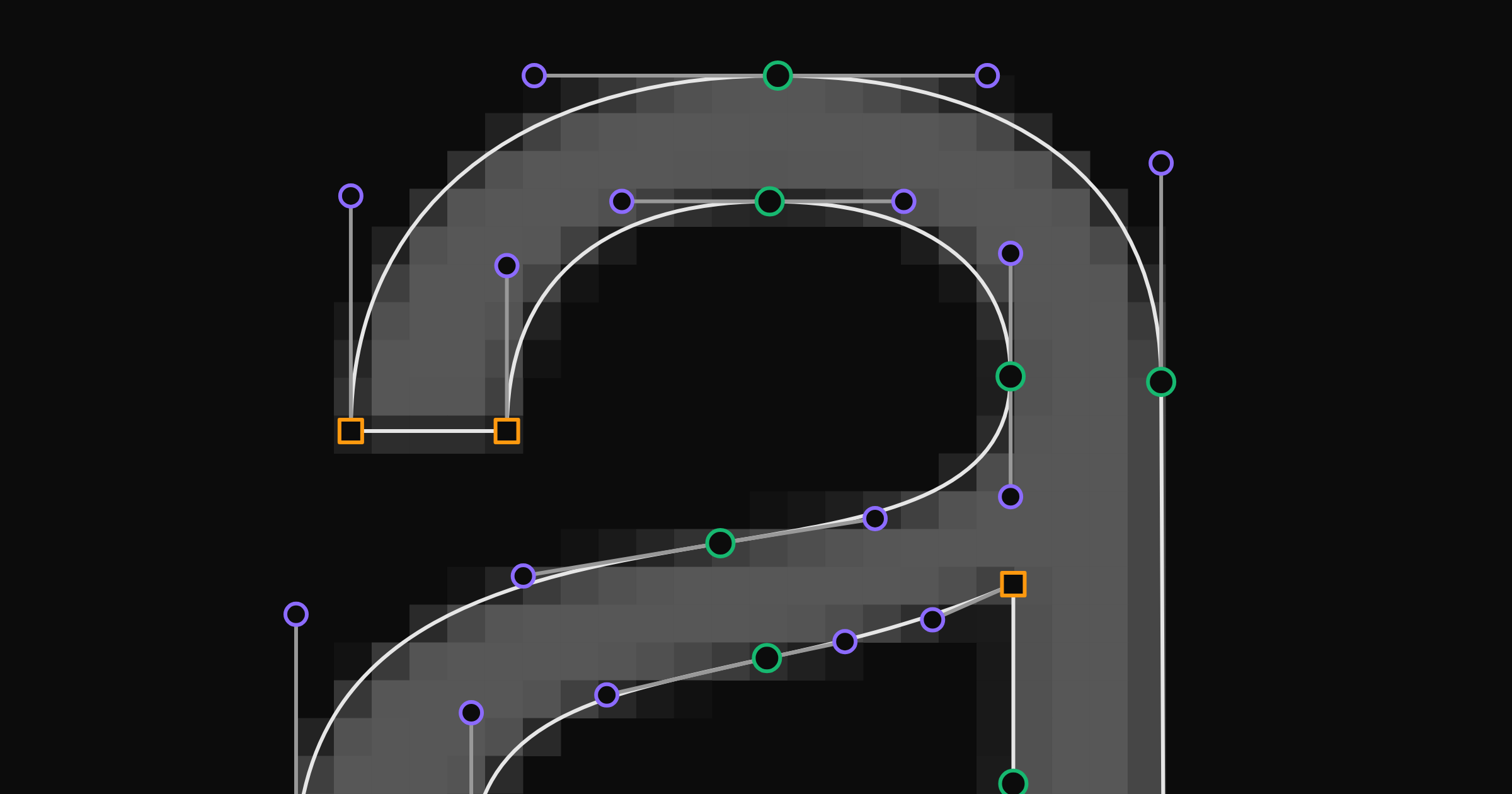 A low-resolution pixelated "a" with the cubic outline img2bez traces from it: green smooth on-curve points, orange corner points, and purple off-curve handles.