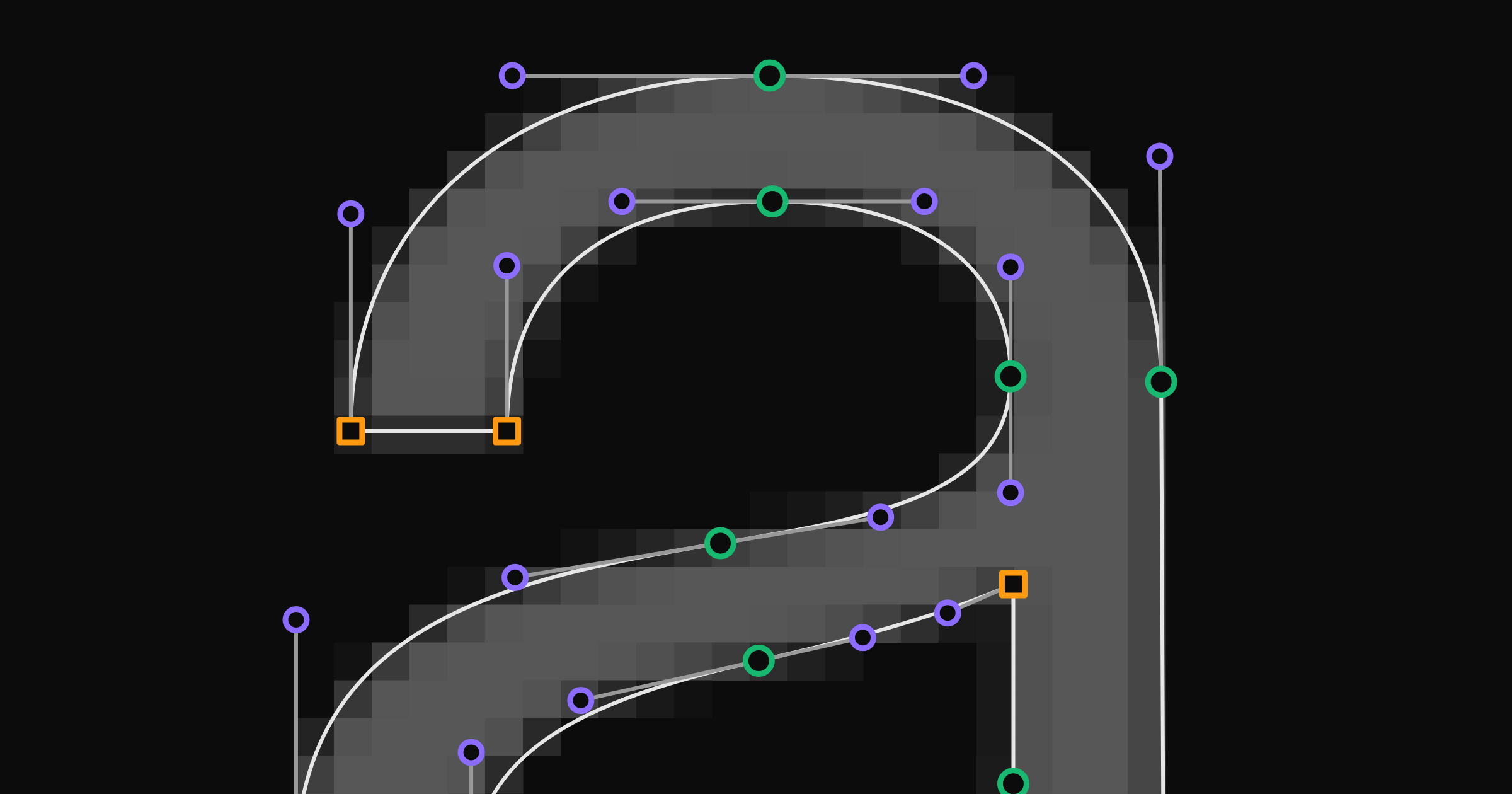 img2bez: a raster glyph image being traced into a bézier outline with smooth points, corner points, and handles.