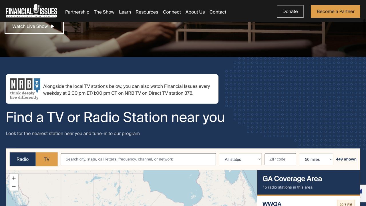 Live FISM Station Finder with radio and TV controls, ZIP radius search, and the interactive coverage map