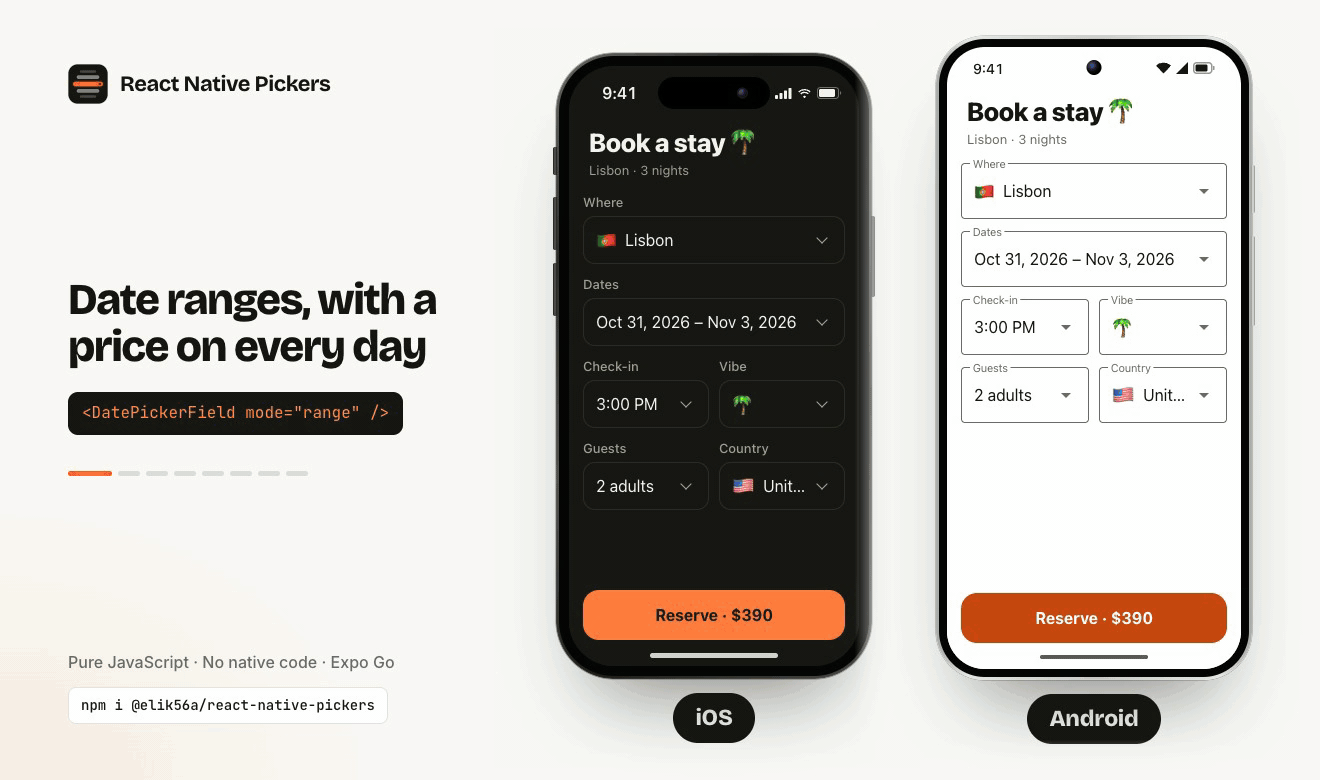 React Native Pickers on an iPhone and an Android phone side by side: a date range picker with prices, wheel and clock-dial time pickers, a searchable select, an emoji picker, a phone number field, a color picker, a duration picker, and light and dark mode