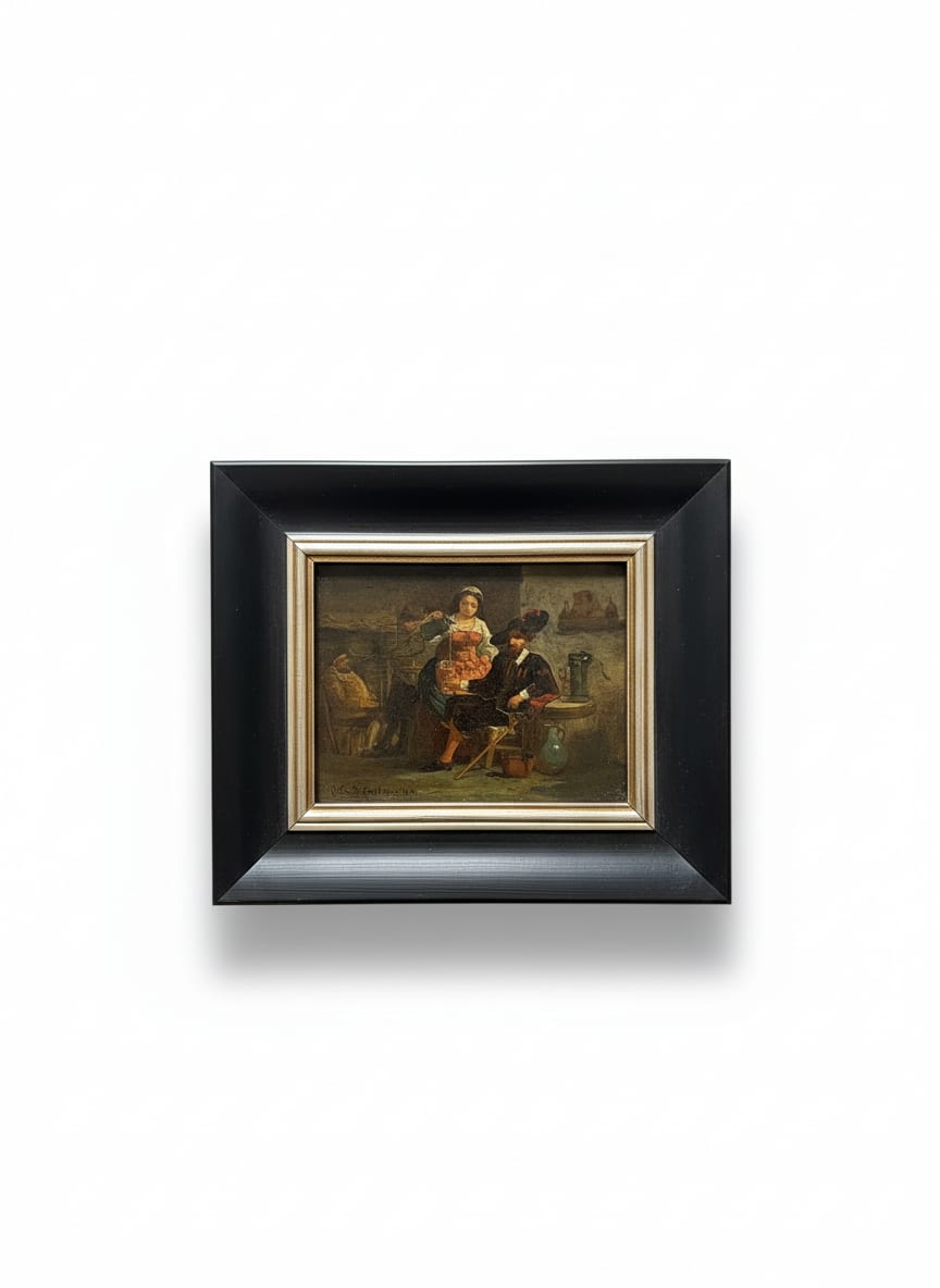 Charming Small 19th Century Dutch Tavern Interior Painting