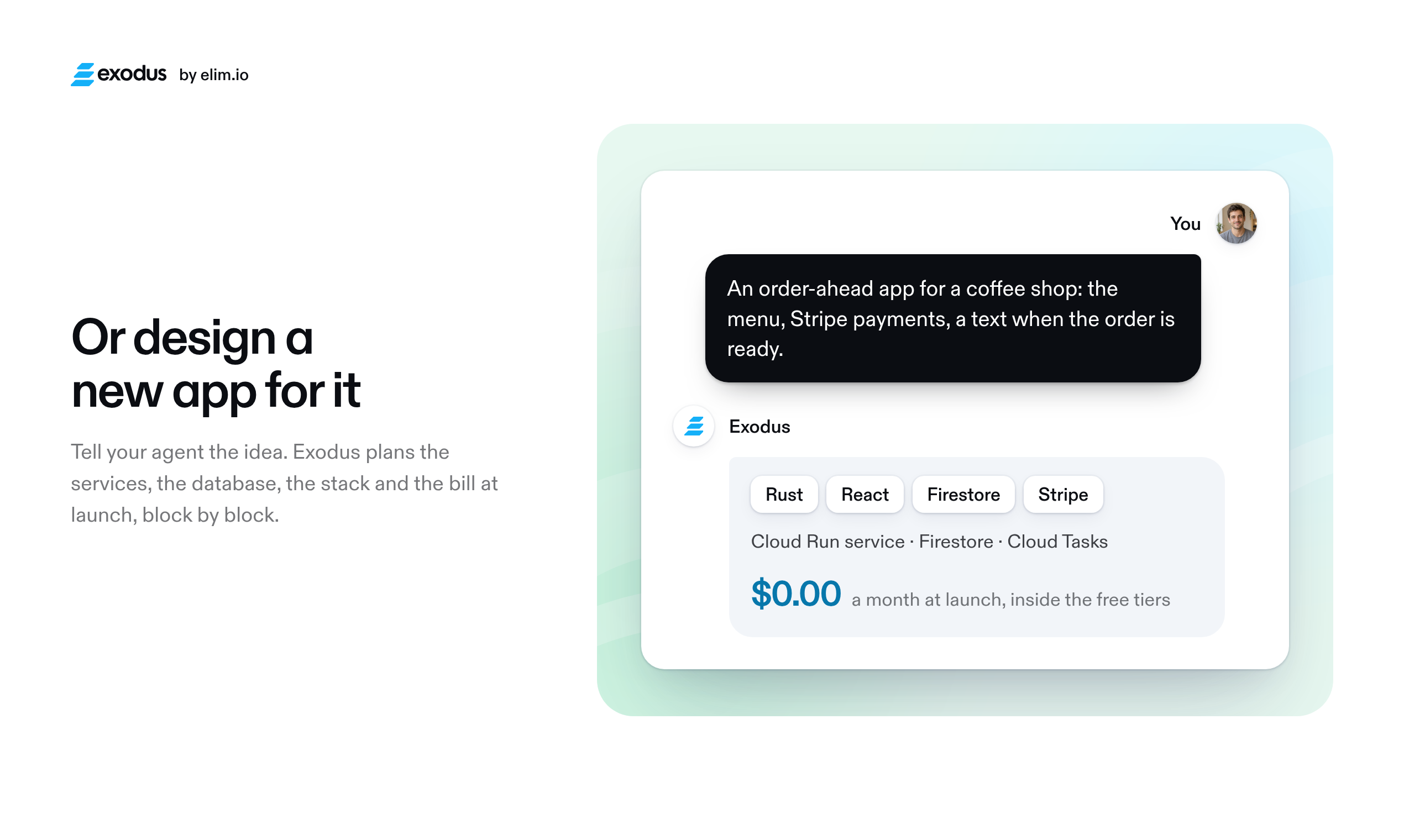 Or design a new app for Cloud Run: an idea in a chat becomes the services, the database, the stack and the bill at launch