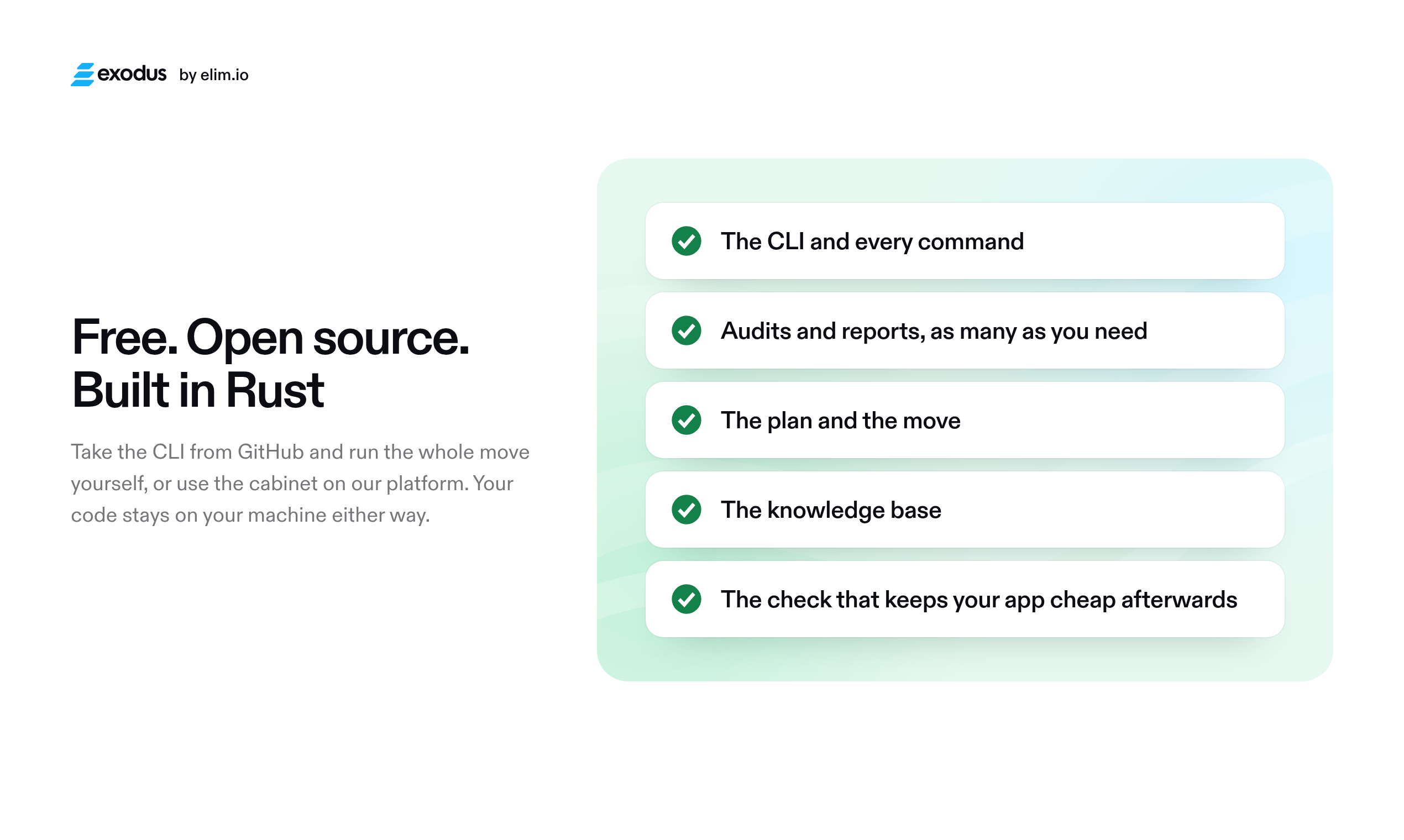 Free and open source: the CLI, every command, audits and reports, the plan and the move