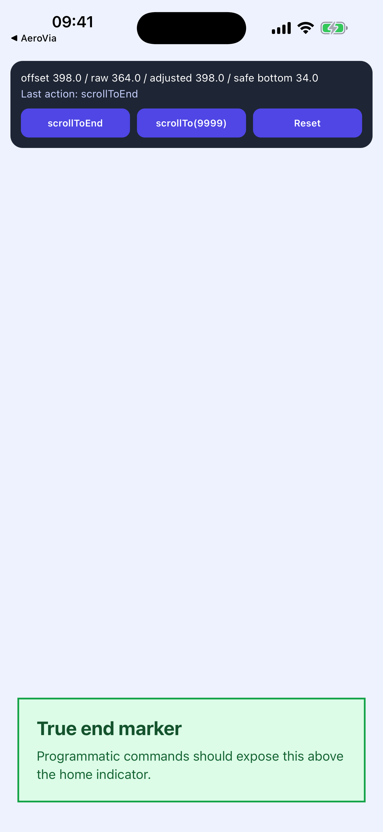 Patched React Native scrollToEnd reaches offset 398