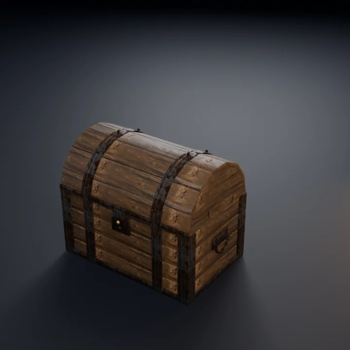 A textured treasure chest: the hasp flips, the lid rattles, pops open on a heap of gold and slams shut