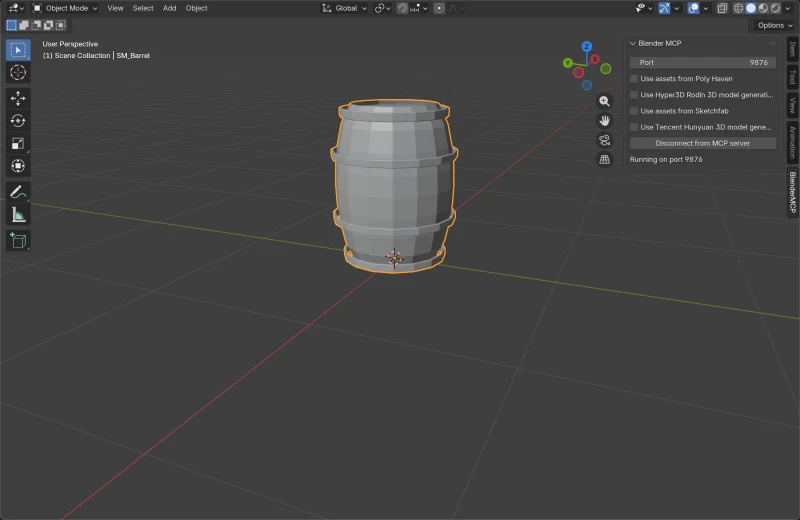 A barrel built by the kiln pipeline inside a live Blender session, with the BlenderMCP panel visible in the sidebar