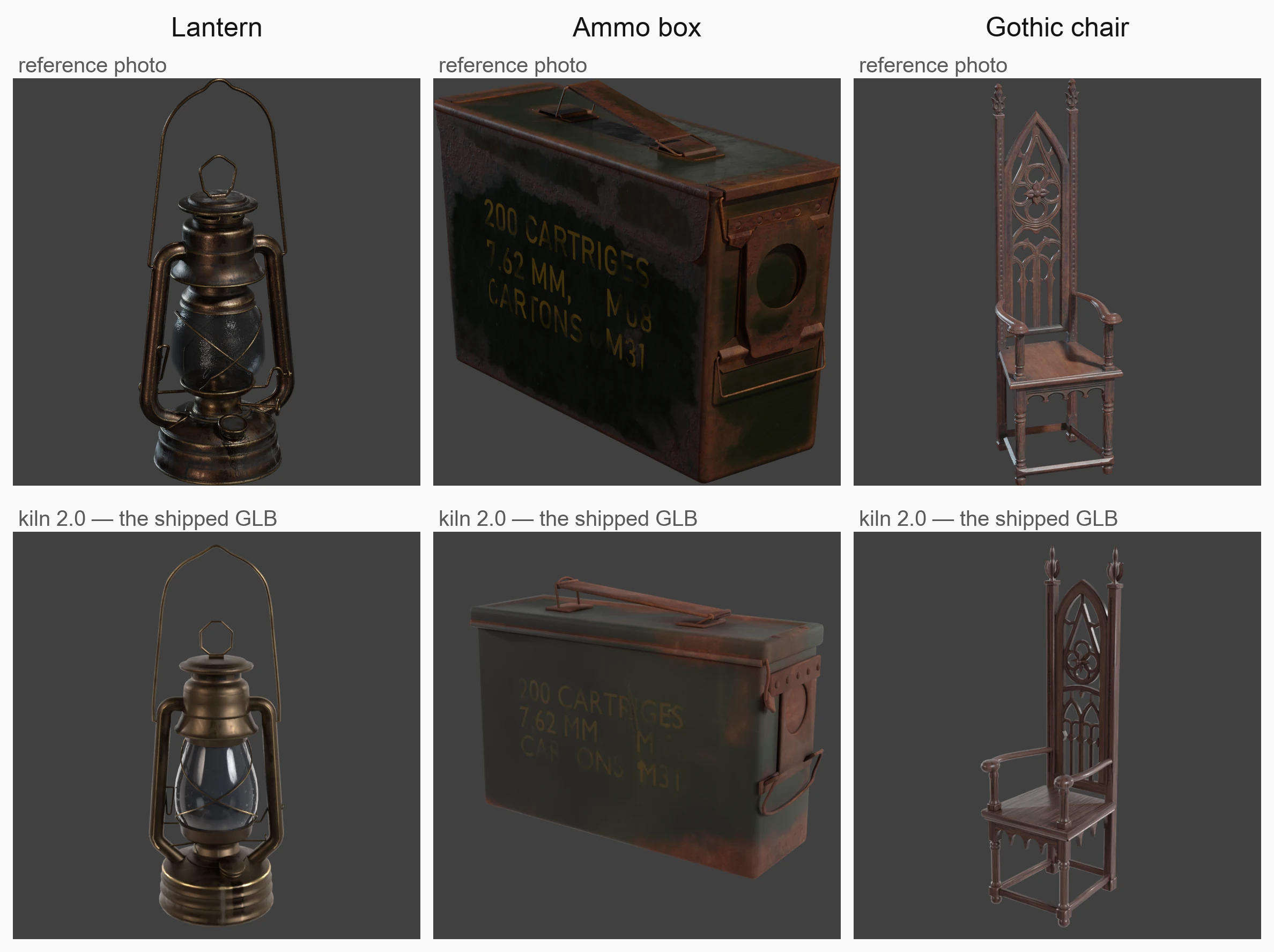 Three reference photos — a hurricane lantern, an ammo box, a gothic chair — and below each, the GLB kiln 2.0 shipped from it, turning