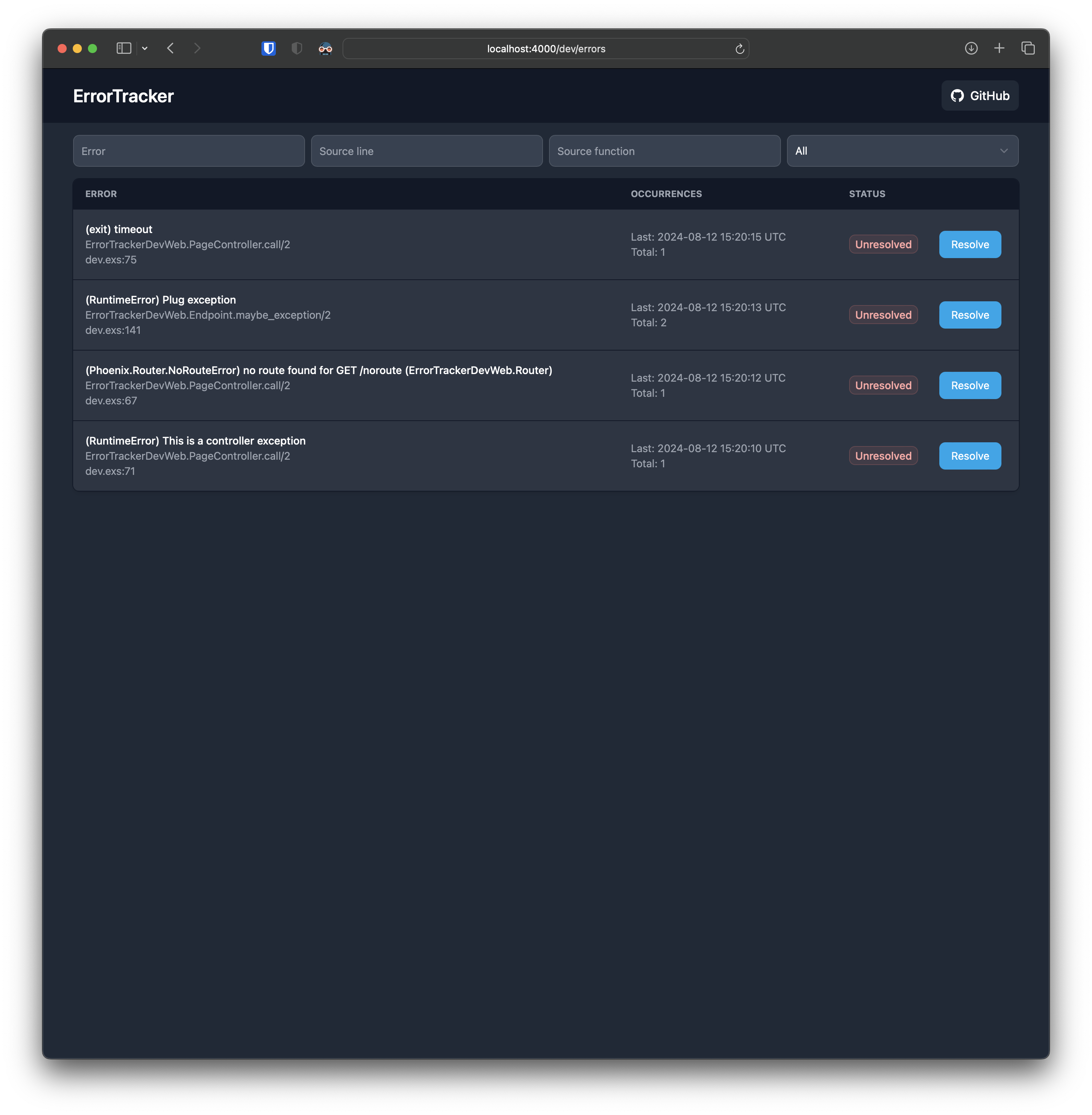 ErrorTracker web dashboard