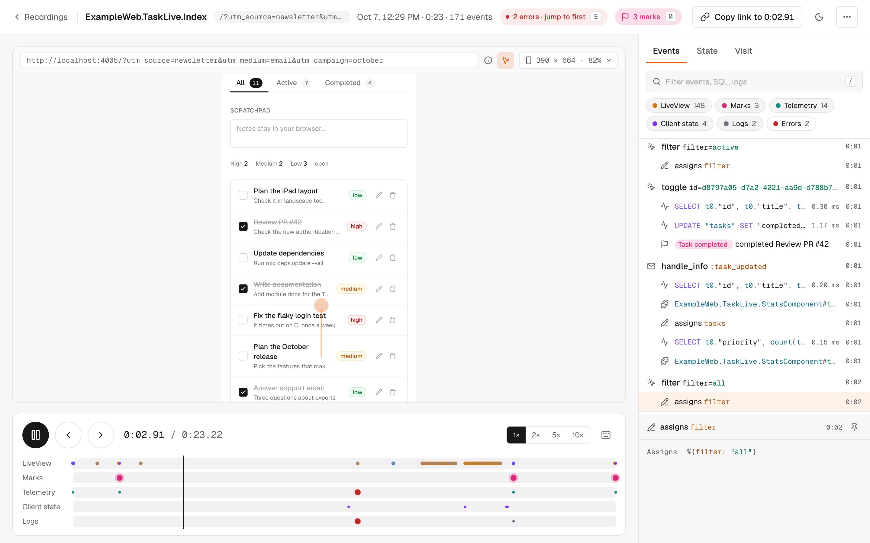 PhoenixReplay replaying a phone session: a swipe scrolling the replayed page, the mark a tap reached, its queries, and errors on the timeline